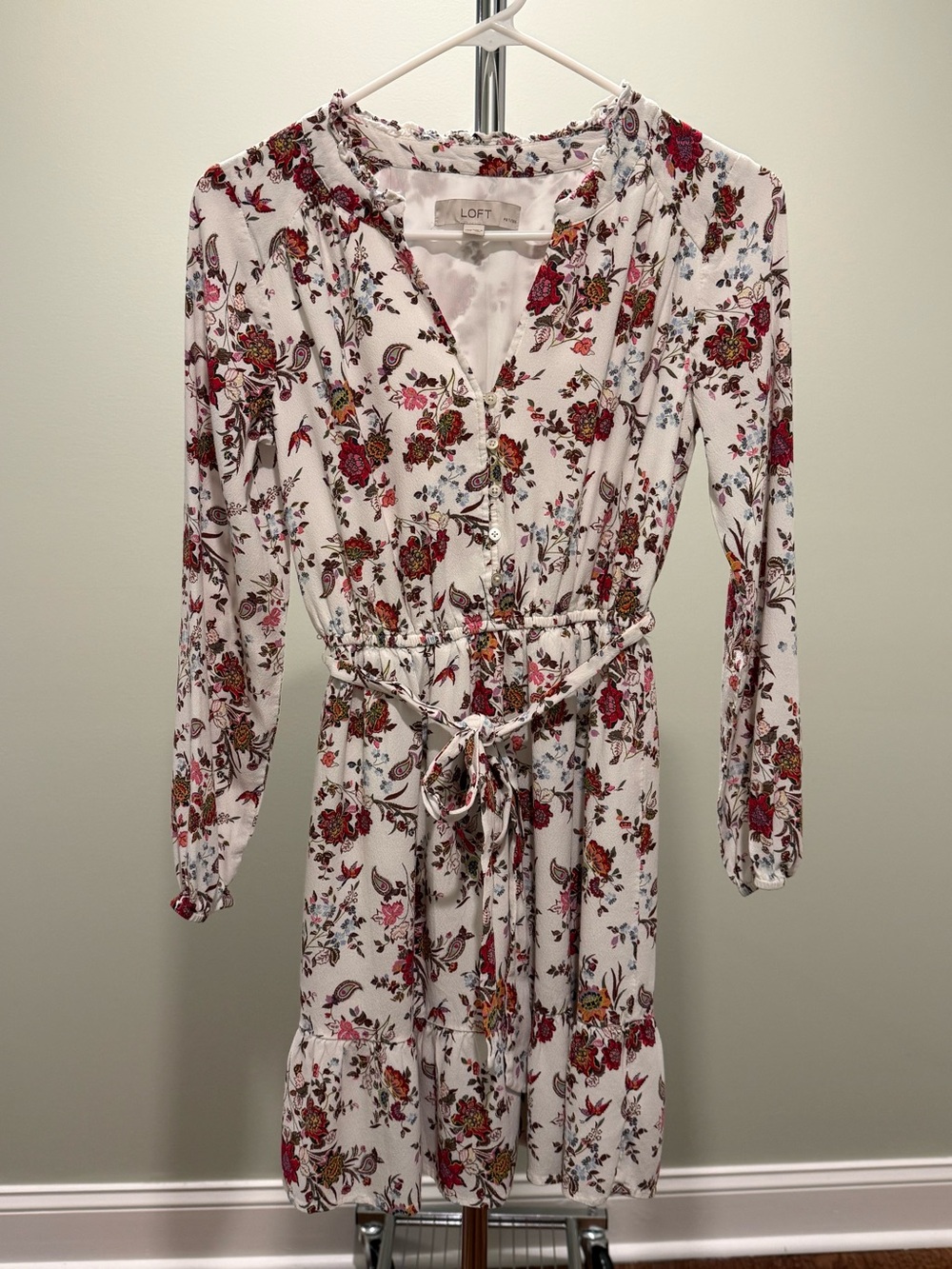 LOFT Petites Floral Paisley Belted Ruffle Dress XXSP